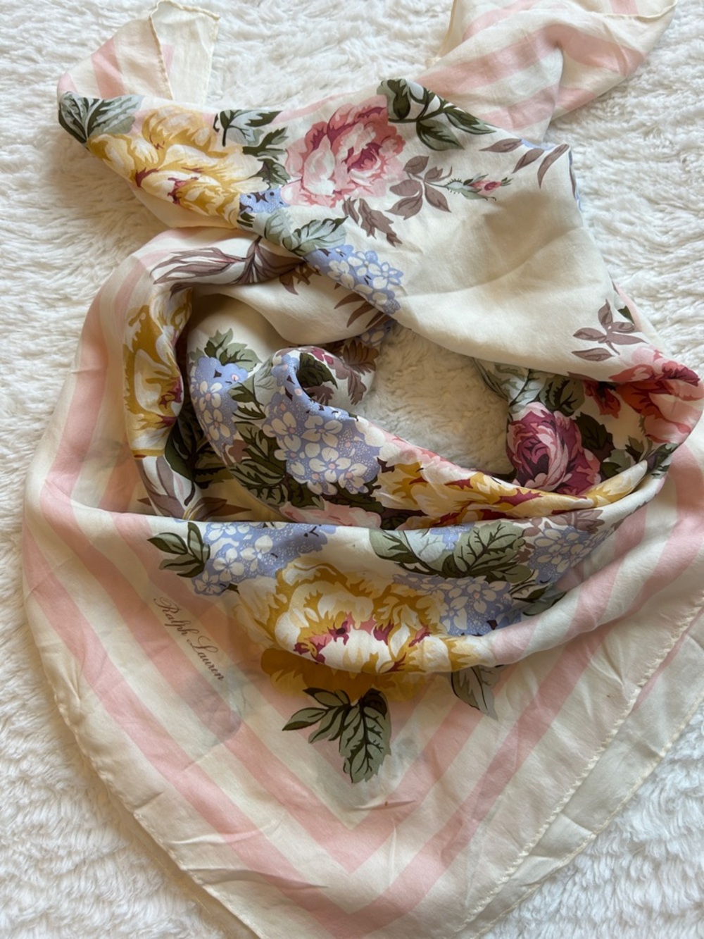 Ralph Lauren Silk Floral Scarf in Cream, Pink, Yellow, Blue Lux +++